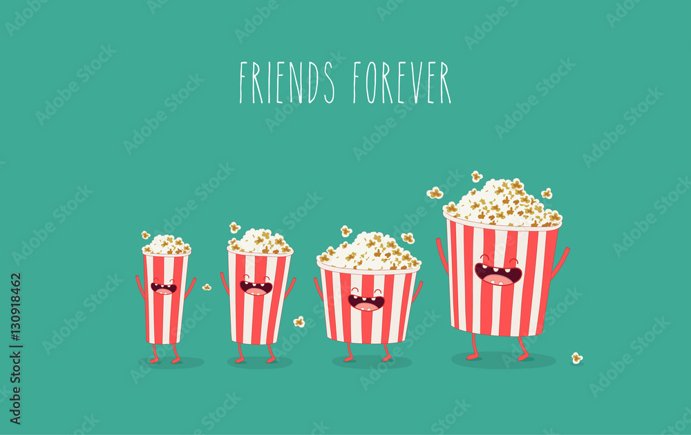 Obraz premium Funny popcorn in the box. Vector cartoon. Movies, cinema. Vector cartoon. fast food. Friends forever.