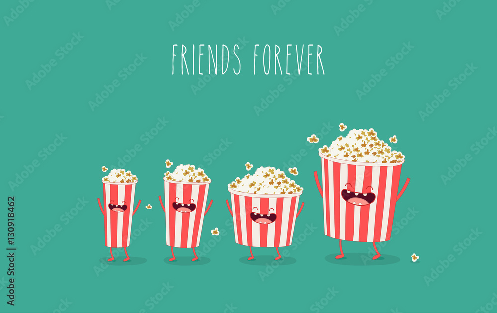 Funny popcorn in the box. Vector cartoon. Movies, cinema. Vector
