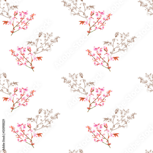Watercolor floral seamless pattern with spring blossom, branch with pink flowers (cherry, plum, almonds), brown outline, hand draw sketch and watercolor painting on white background