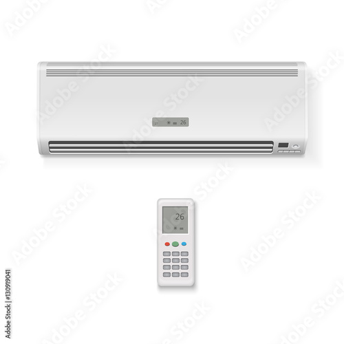Split system air conditioner and remote controller. Vector Realistic illustration
