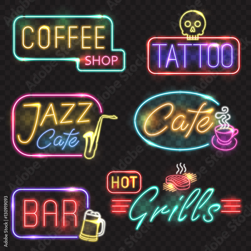 Neon signs. Vector neon lights illustrations icons for bar, tattoo, coffee, grills, jazz cafe designs.