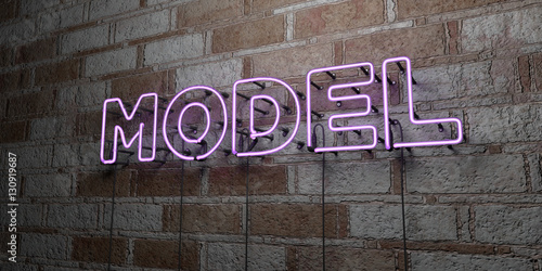 MODEL - Glowing Neon Sign on stonework wall - 3D rendered royalty free stock illustration. Can be used for online banner ads and direct mailers..