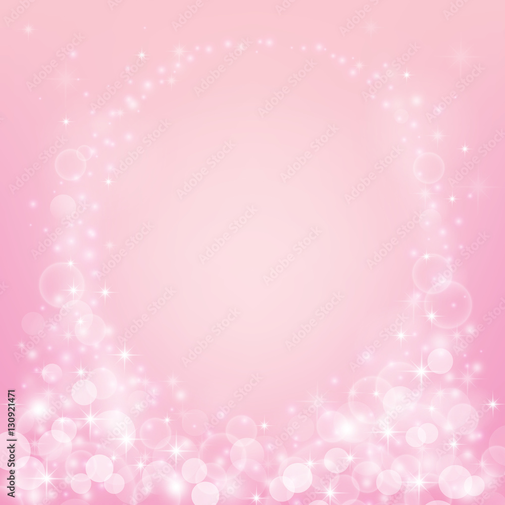 Magical pink background with bokeh lights, stars and sparkles. Vector illustration.