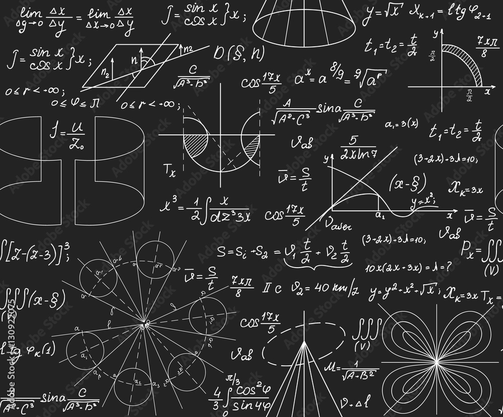 Scientific vector seamless pattern with handwritten math and physical formulas, figures, plots, problem solutions and calculations, chalk on grey board effect Scientific vector seamless pattern with handwritten math and physical formulas, figures, plots, problem solutions and calculations, chalk on grey board effect