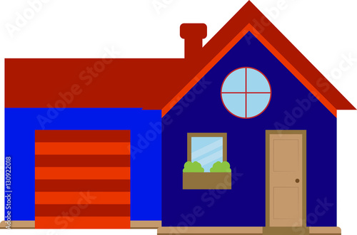 Blue house with a red roof and garage