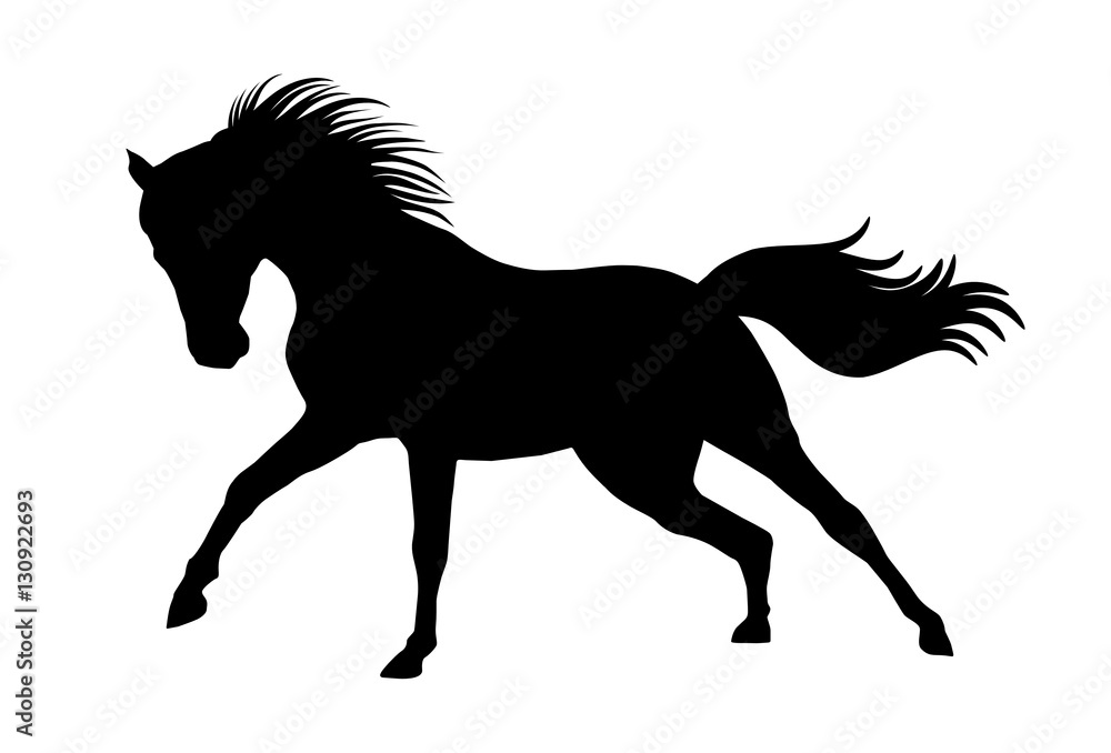 Black silhouette of horse with swinging mane and tail