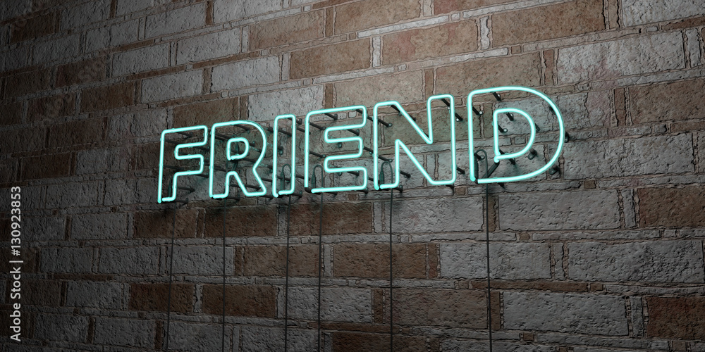 Naklejka premium FRIEND - Glowing Neon Sign on stonework wall - 3D rendered royalty free stock illustration. Can be used for online banner ads and direct mailers..