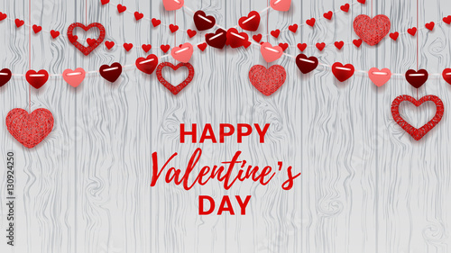 Happy Valentine's Day greeting web banner. Romantic composition with garlands from paper. Beautiful backdrop with heart from threads on wooden texture. Vector illustration.
