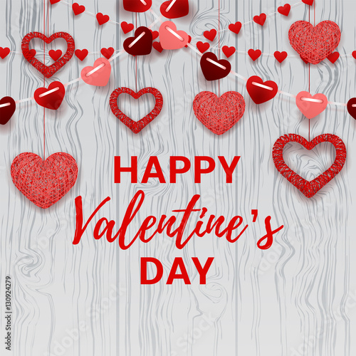 Happy Valentine's Day card. Romantic composition with garlands from paper. Beautiful backdrop with heart from threads on wooden texture. Vector illustration.