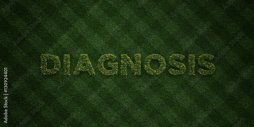 DIAGNOSIS - fresh Grass letters with flowers and dandelions - 3D rendered royalty free stock image. Can be used for online banner ads and direct mailers.. DIAGNOSIS - fresh Grass letters with flowers and dandelions - 3D rendered royalty free stock image. Can be used for online banner ads and direct mailers..