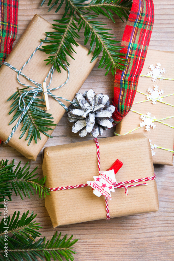Christmas presents on wooden background, retro style with copy space Christmas presents on wooden background, retro style with copy space
