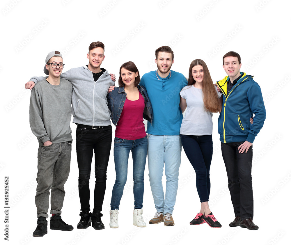 friendly student team stood, arms around each other's shoulders friendly student team stood, arms around each other's shoulders