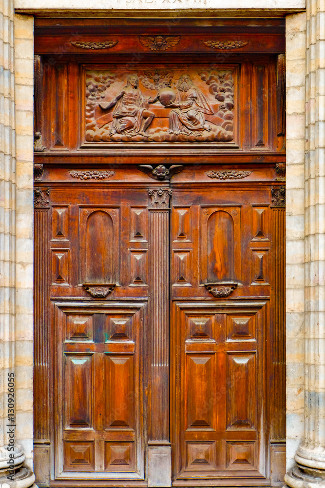 Antique Wooden Double Door Of A Church. Detailed Carpenter Work, Wood ...