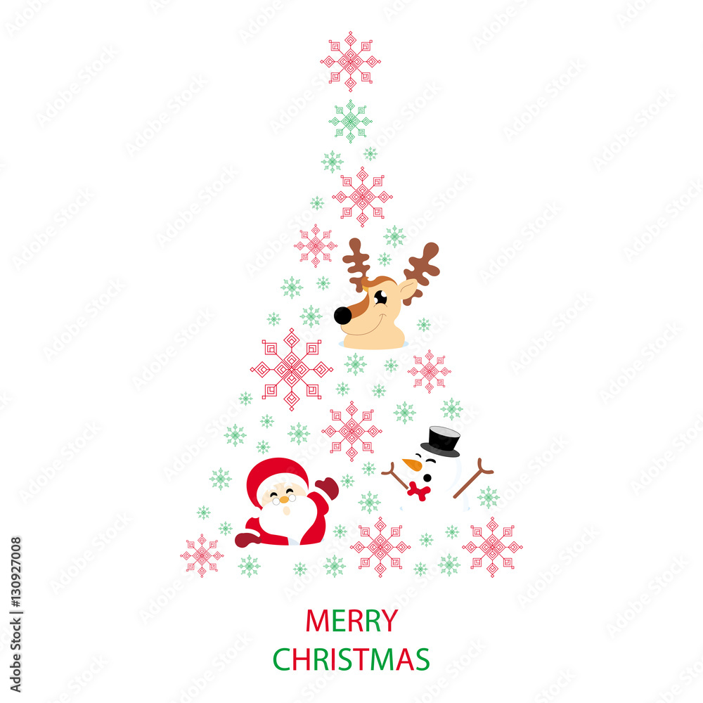 Christmas tree shaped from snowflakes, santa claus, reindeer and snowman on white background with text graphics Merry Christmas greeting card