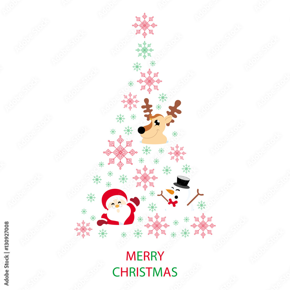 Christmas tree shaped from snowflakes, santa claus, reindeer and snowman on white background with text graphics Merry Christmas greeting card Christmas tree shaped from snowflakes, santa claus, reindeer and snowman on white background with text graphics Merry Christmas greeting card