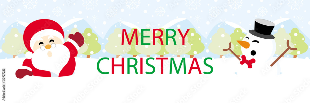 Santa claus and snowman on snow with snowy hills and text graphics Merry Christmas