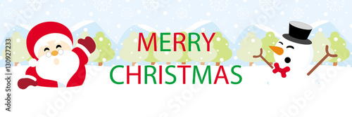 Santa claus and snowman on snow with snowy hills and text graphics Merry Christmas