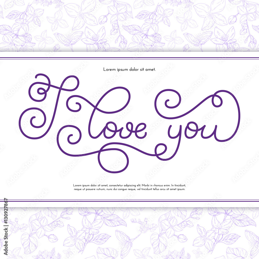 Holiday gift card with hand lettering I love you and bloom silhouette. Vector illustration for your design Holiday gift card with hand lettering I love you and bloom silhouette. Vector illustration for your design