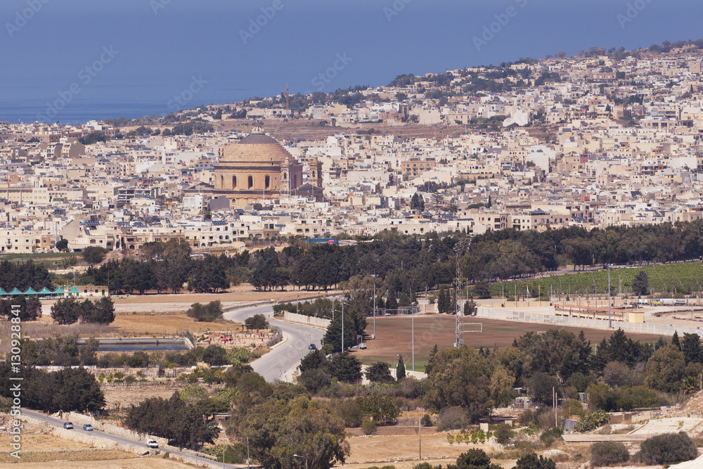 View of Mosta with the Rotunda of Mosta or Parish Church of the Assumption in Malta