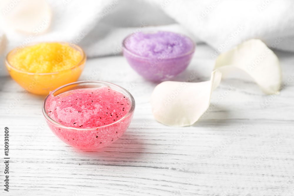 Body scrubs on wooden background Body scrubs on wooden background