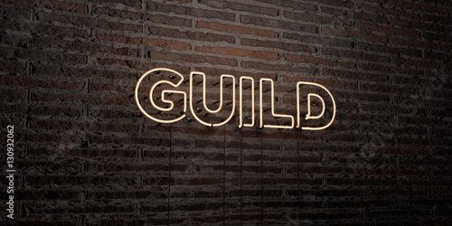 GUILD -Realistic Neon Sign on Brick Wall background - 3D rendered royalty free stock image. Can be used for online banner ads and direct mailers..