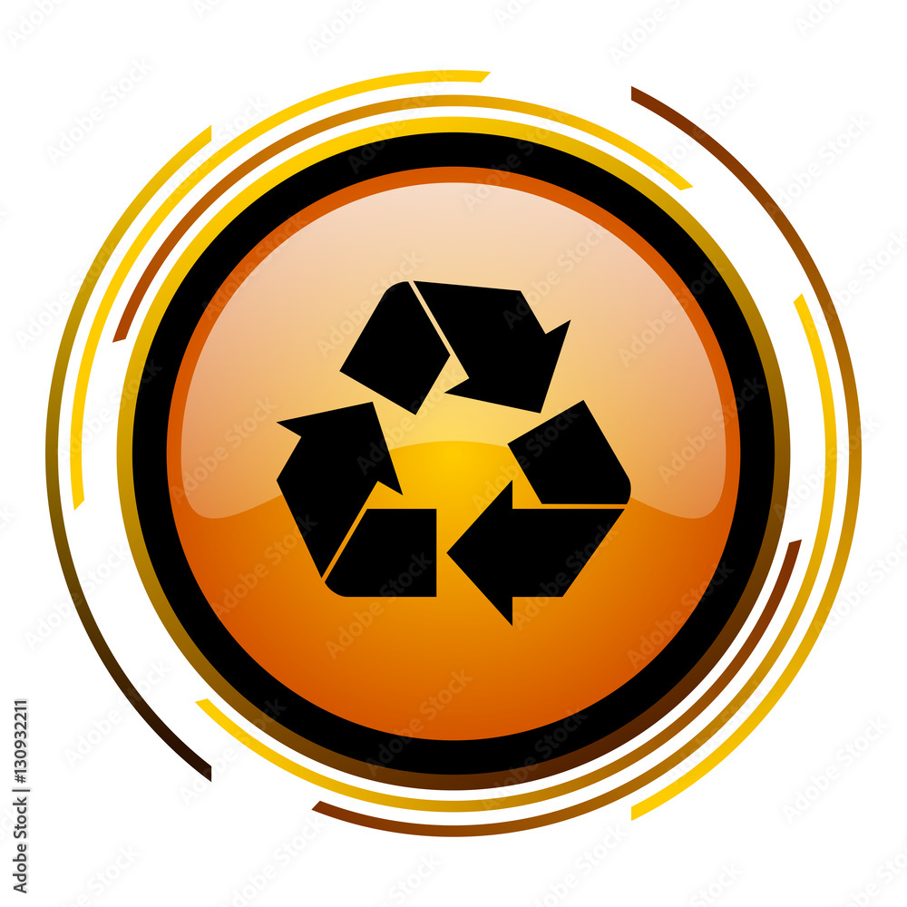 Recycling sign vector icon. Modern design round orange button isolated on white square background for web and application designers in eps10. Recycling sign vector icon. Modern design round orange button isolated on white square background for web and application designers in eps10.
