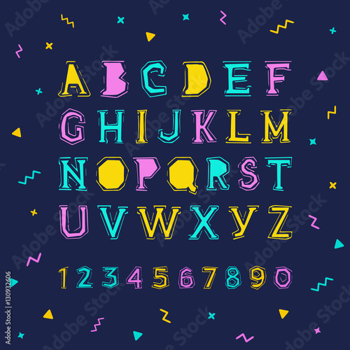 Hand drawn memphis style font. Latin alphabet vector letters and numbers.