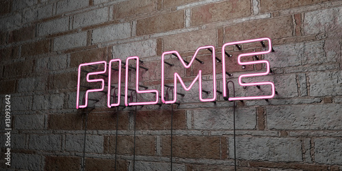 FILME - Glowing Neon Sign on stonework wall - 3D rendered royalty free stock illustration. Can be used for online banner ads and direct mailers..