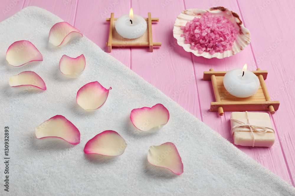 Beautiful spa composition on pink wooden background Beautiful spa composition on pink wooden background