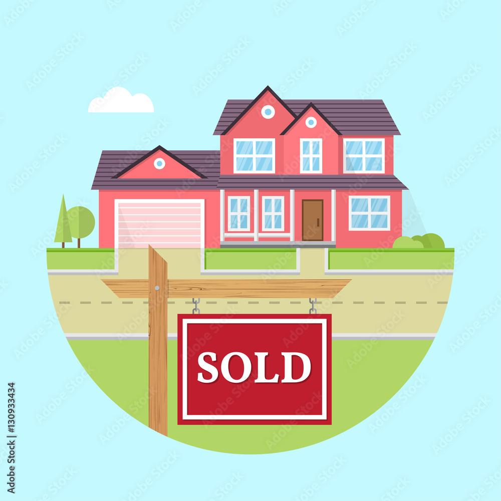Beautiful american house on the blue background with SOLD sign