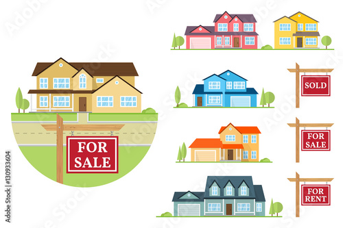 Vector flat icon suburban american house.