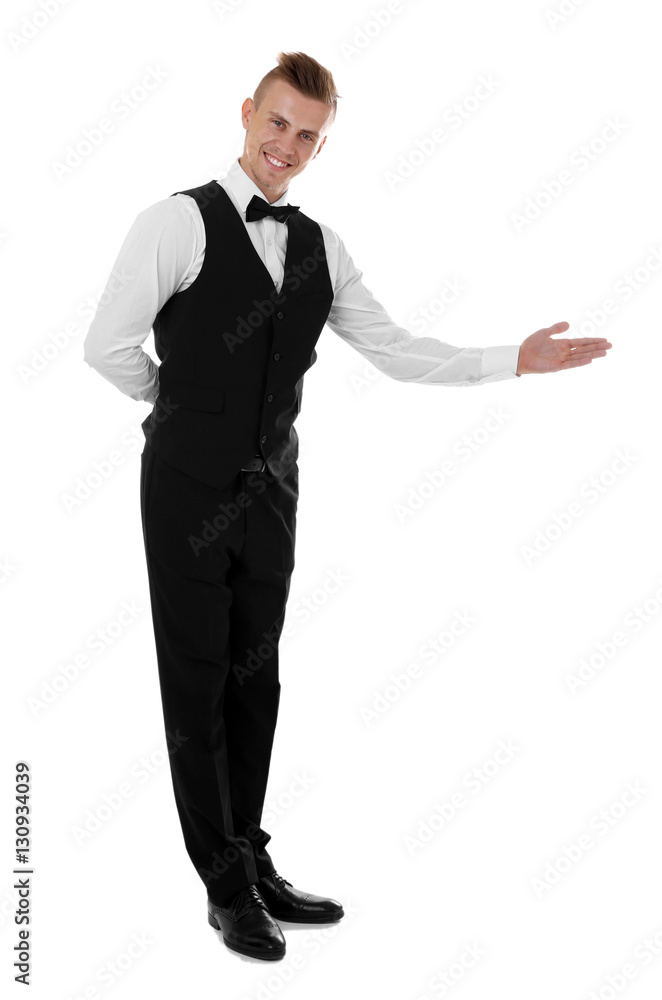 Handsome young waiter on white background Handsome young waiter on white background