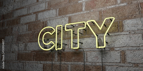 CITY - Glowing Neon Sign on stonework wall - 3D rendered royalty free stock illustration. Can be used for online banner ads and direct mailers..