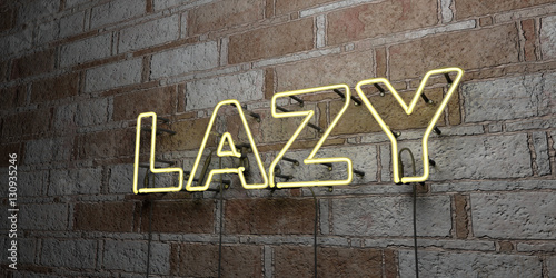 LAZY - Glowing Neon Sign on stonework wall - 3D rendered royalty free stock illustration. Can be used for online banner ads and direct mailers..