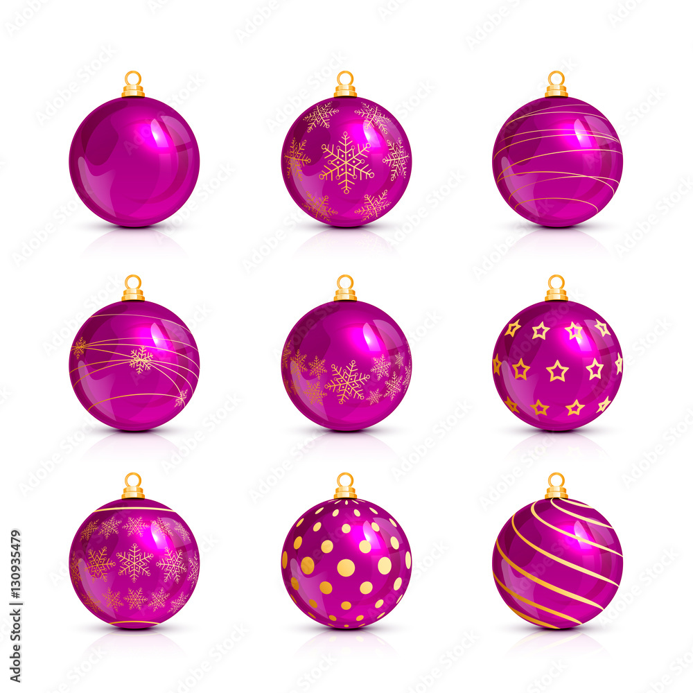 Set of pink Christmas balls with golden pattern Set of pink Christmas balls with golden pattern