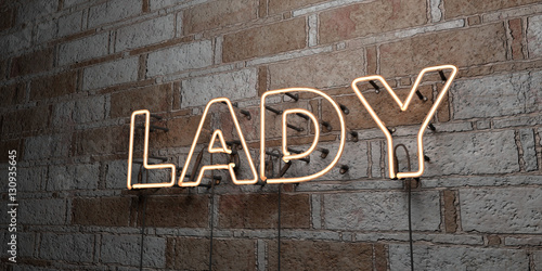 LADY - Glowing Neon Sign on stonework wall - 3D rendered royalty free stock illustration. Can be used for online banner ads and direct mailers..