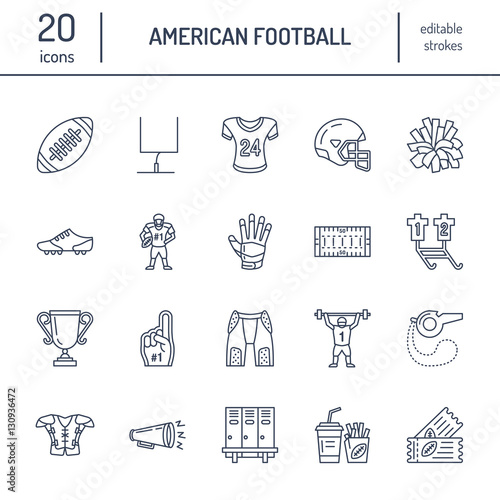 Vector line icons of american football game. Elements - ball, field, player, helmet, bullhorn. Linear signs set, football championship pictogram with editable stroke for sport event, fan store
