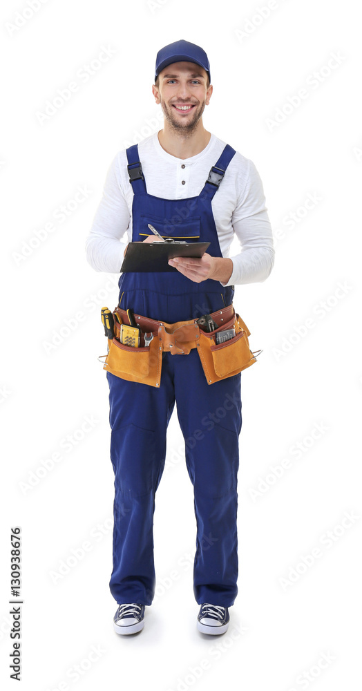 Plumber in uniform holding clipboard on white background Plumber in uniform holding clipboard on white background