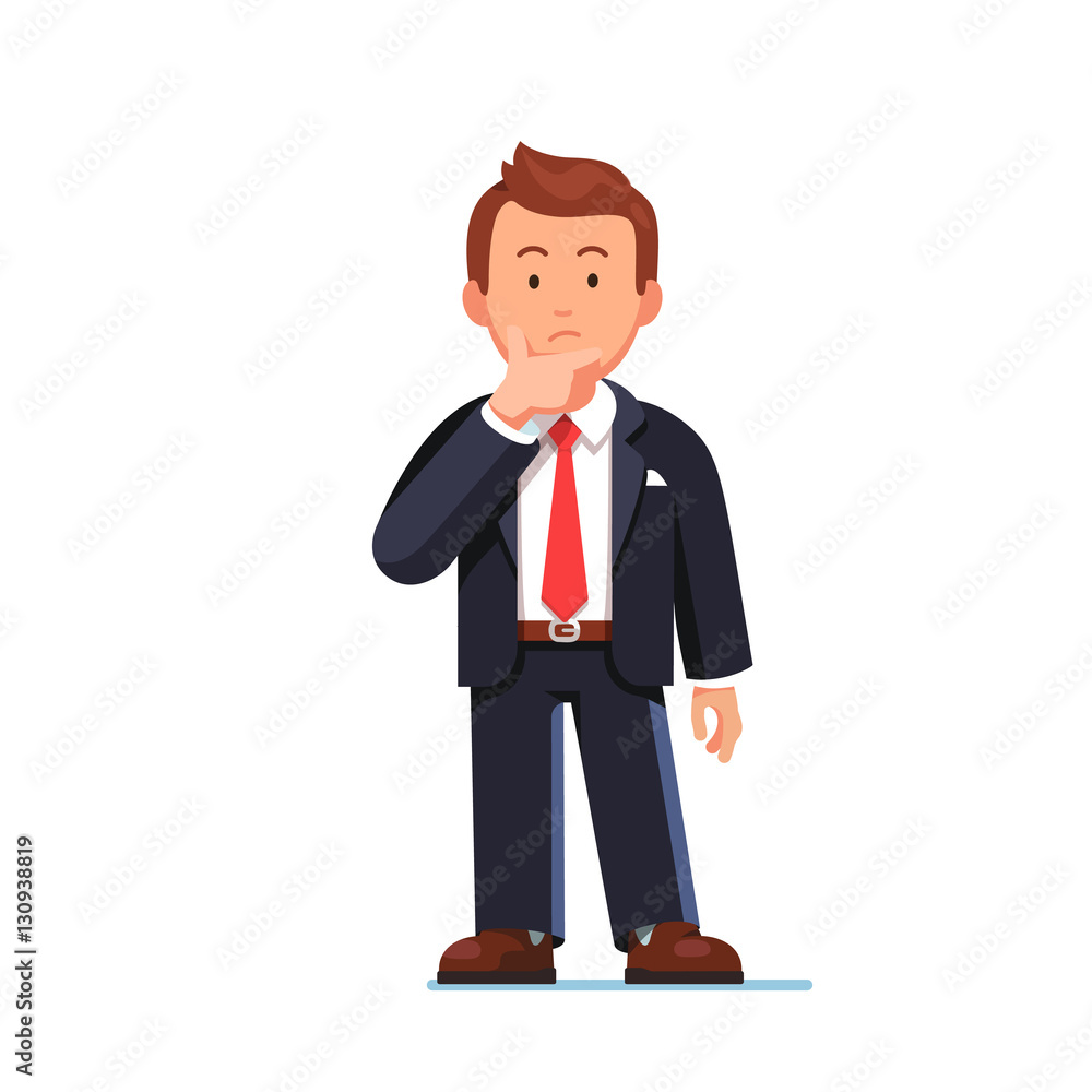 Standing business man making thinking gesture Standing business man making thinking gesture
