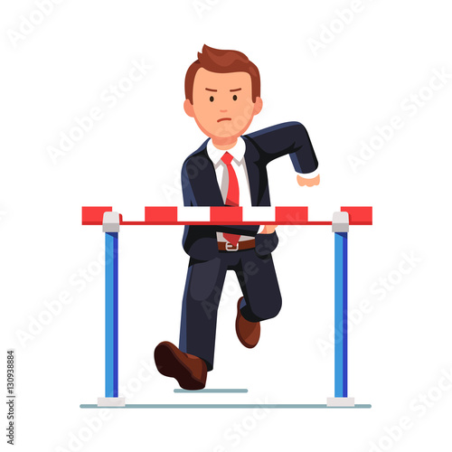 Angry business man running to a barrier obstacle