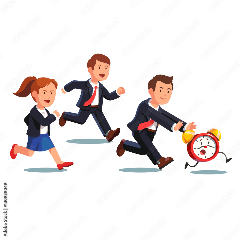 Late business man and woman chasing deadline time Late business man and woman chasing deadline time