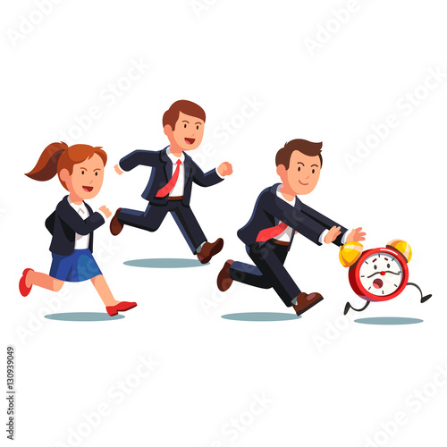 Late business man and woman chasing deadline time