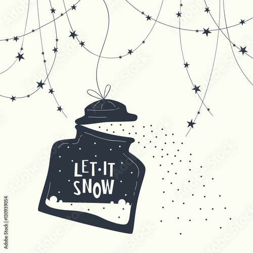 Cover design. Glass jar with lid and the phrase let it snow. At the top of the postcard garland with stars.