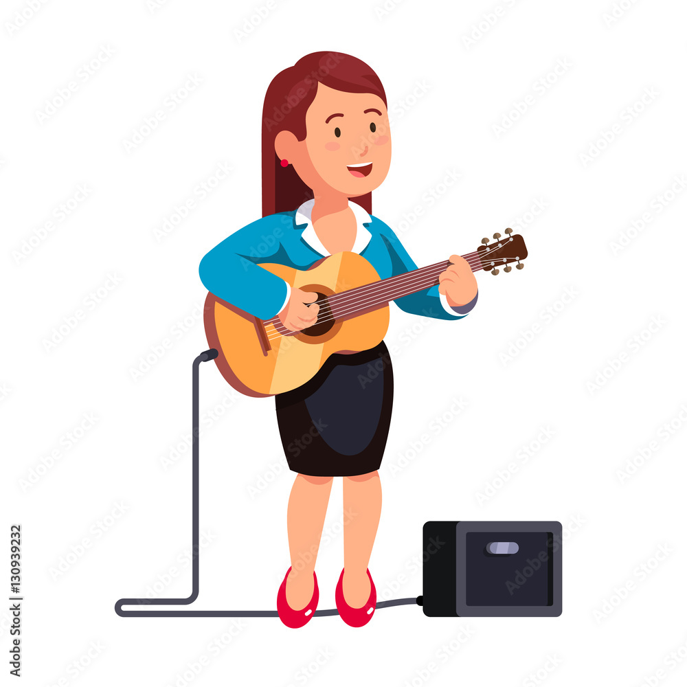 Business woman playing guitar and singing a song Business woman playing guitar and singing a song