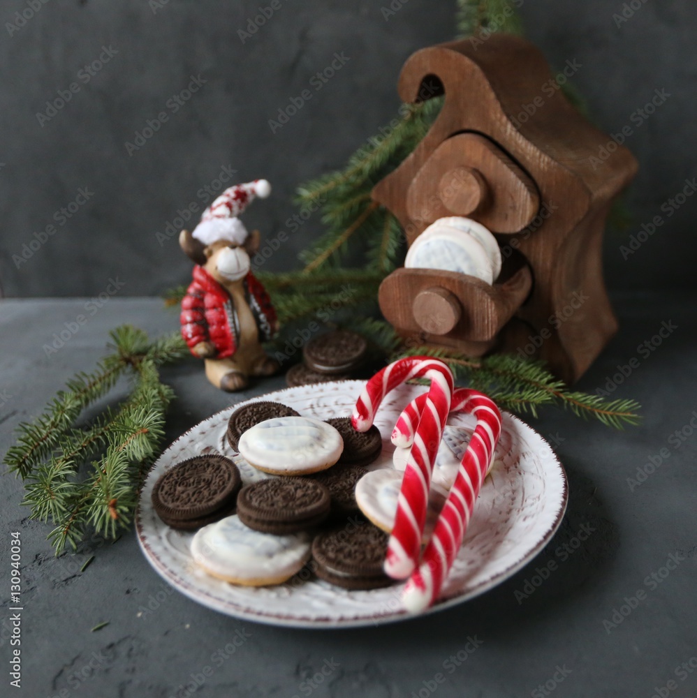 Chocolate cookies for Christmas with candy cane