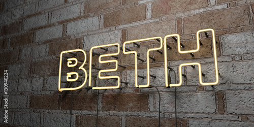 Quadro su tela BETH - Glowing Neon Sign on stonework wall - 3D rendered royalty free stock illustration