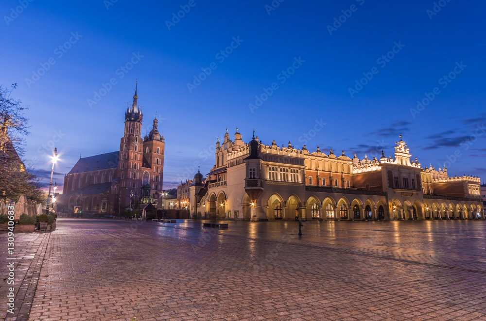 St Mary's church and Cloth Hall on Main Market Square in Krakow, illuminated in the night