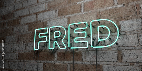 FRED - Glowing Neon Sign on stonework wall - 3D rendered royalty free stock illustration. Can be used for online banner ads and direct mailers..