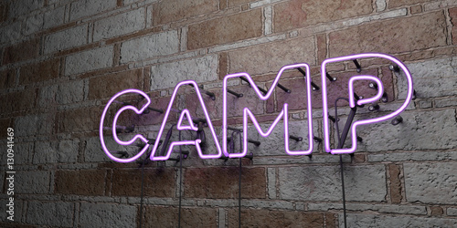 CAMP - Glowing Neon Sign on stonework wall - 3D rendered royalty free stock illustration. Can be used for online banner ads and direct mailers..