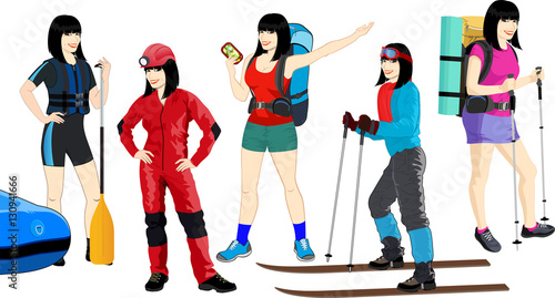 vector set of travel girl: hiker, caver,rafter and skier